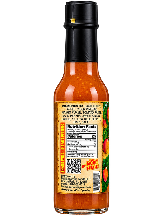 Back label of Datil Be Devine Sweet Heat hot sauce bottle showing ingredients, nutrition facts, QR code, and “Refrigerate After Opening” instructions