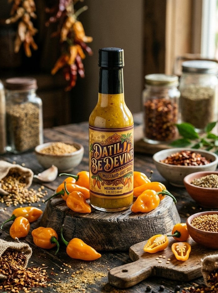 Mustard Hot Sauce bottle on a wooden stand surrounded by orange peppers, bowls of spices, and herb jars.