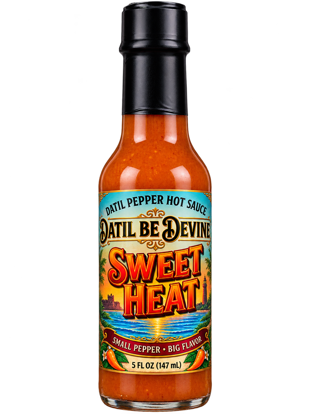 Datil Be Devine Sweet Heat Original hot sauce, 5 fl oz bottle with orange sauce, a black cap, and a colorful coastal label