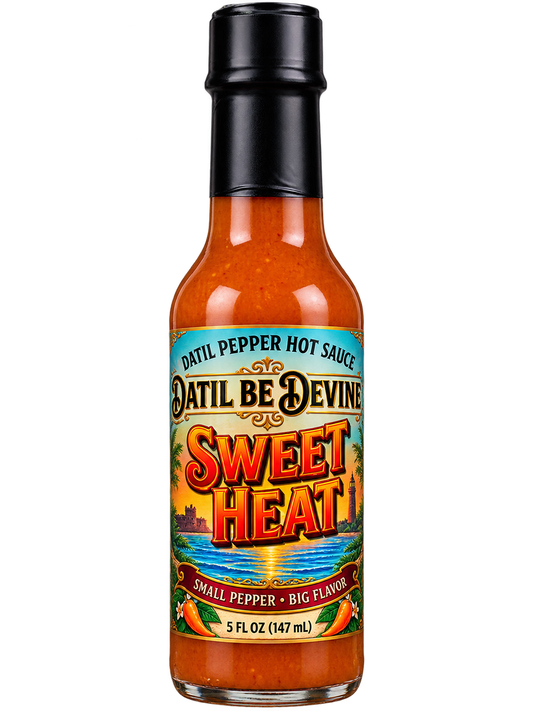 Datil Be Devine Sweet Heat Original hot sauce, 5 fl oz bottle with orange sauce, a black cap, and a colorful coastal label