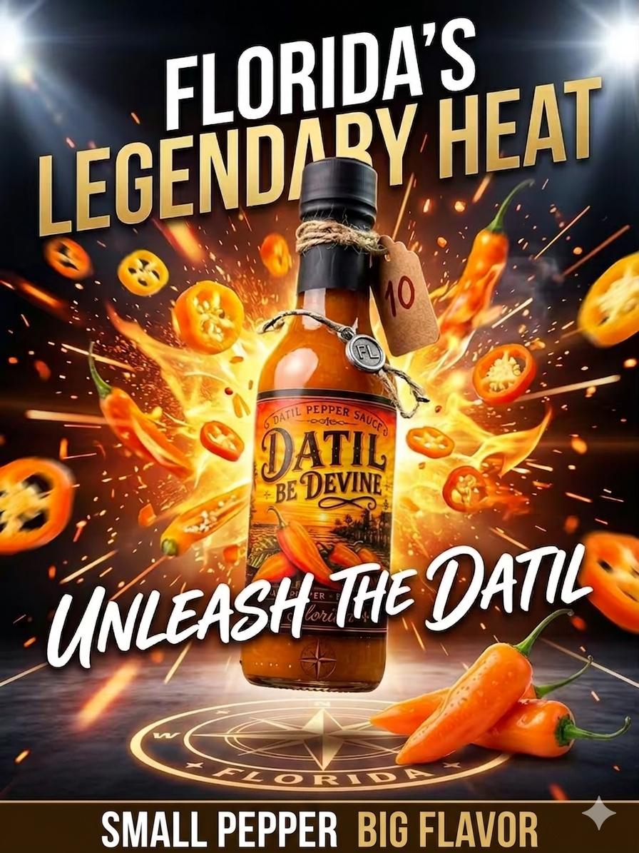 Promotional graphic, also used on Sweet Heat: Datil Be Devine hot sauce bottle surrounded by orange peppers and a fiery splash. Text reads ‘Florida’s Legendary Heat,’ ‘Unleash the Datil,’ and ‘Small Pepper Big Flavor.’
