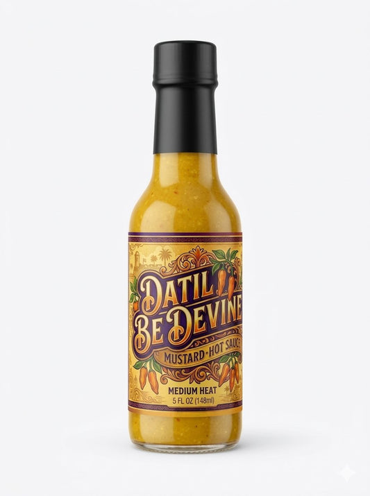 Datil Be Devine Mustard Hot Sauce, 5 fl oz bottle of yellow sauce with a purple and gold label marked Medium Heat.
  