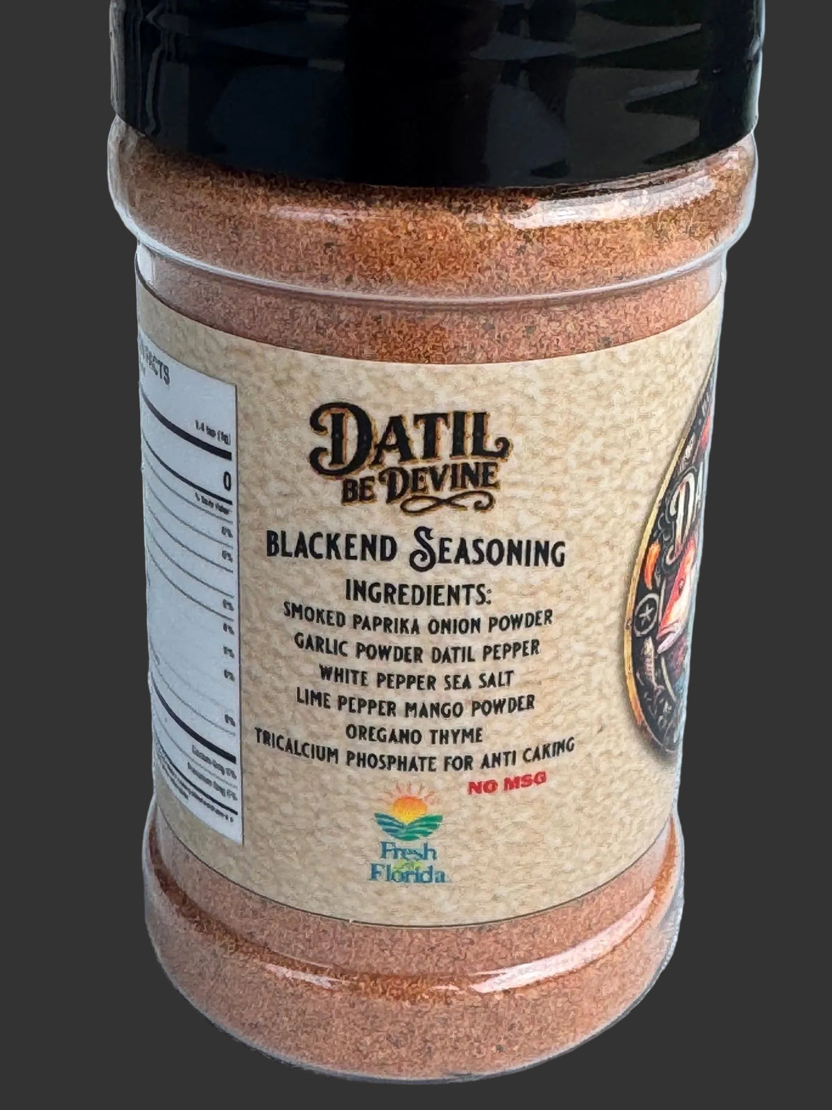 Ingredients label: Side of the Datil Be Devine Blackened Seasoning jar showing its ingredient list and No MSG statement.
 
