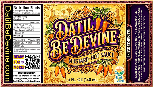 Datil Be Devine Mustard Hot Sauce label showing the 5 fl oz size, ingredients, nutrition facts, and a QR code.
