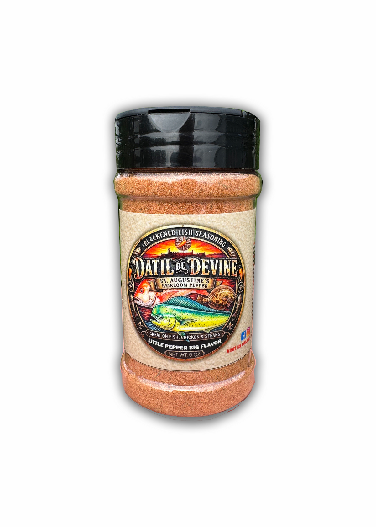 Jar on white: Datil Be Devine Blackened Fish Seasoning, 5 oz jar with a black lid and a colorful fish illustration on the front label.
 