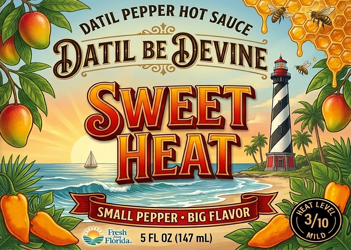 Datil Be Devine Sweet Heat hot sauce artwork featuring mangoes, honeycomb, orange Datil peppers, and a coastal lighthouse. Mild heat, 3/10. Small Pepper, Big Flavor